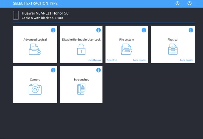 a picture of a mobile forensic device interface. buttons include "disable/re-enable user lock" and "file system" and "camera"