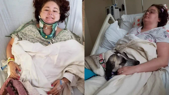 Kait lying in a hospital bed smiling with an Aspen Vista Cervical Collar on.
Kait lying in a hospital bed with her service dog.