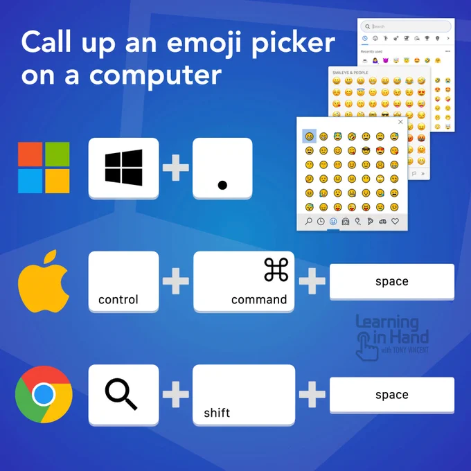 Keyboard shortcuts for calling up an emoji picker on Windows, Mac, and Chrome