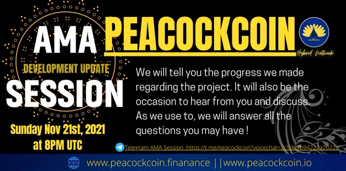 🔊WE REMIND YOU🔊 

We tell you what’s the progress of the project and also to hear 
from you and potentially answer questions you may have

⏳Development Update
⏳AMA SESSION
⏳Sun Nov 21st, 2021
⏳At 8PM UTC

#AMA #PEKC #NFT #SWAP #MARKETPLACE

✳️https://t.me/peacockcoin?voicechat=2c5da2b94222a2022c
✳️https://swap.bsc.peacockcoin.io/#/swap