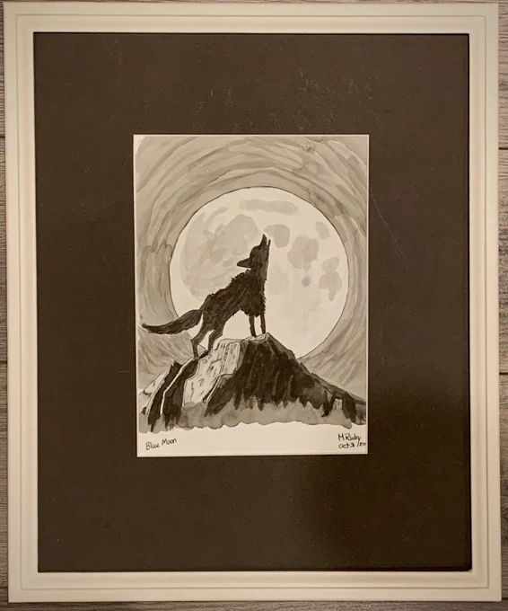 Sing to the Blue Moon | Marcia Ruby
India ink, fountain pen, brush
Blue moons are somewhat rare and it is even rarer that they occur on Halloween. The October 2020 blue moon begged for a song.
Poplar wood frame by @amelia_RH