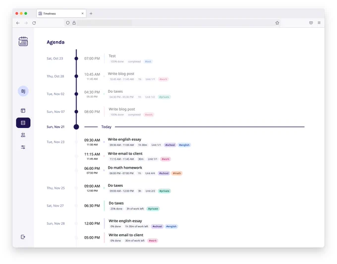 A screenshot of the Timeliness web app showing the agenda screen