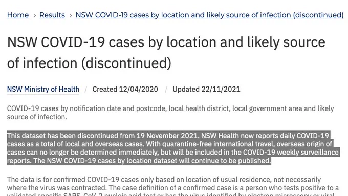 "This dataset has been discontinued from 19 November 2021. NSW Health now reports daily COVID-19 cases as a total of local and overseas cases. With quarantine-free international travel, overseas origin of cases can no longer be determined immediately, but will be included in the COVID-19 weekly surveillance reports. The NSW COVID-19 cases by location dataset will continue to be published."
