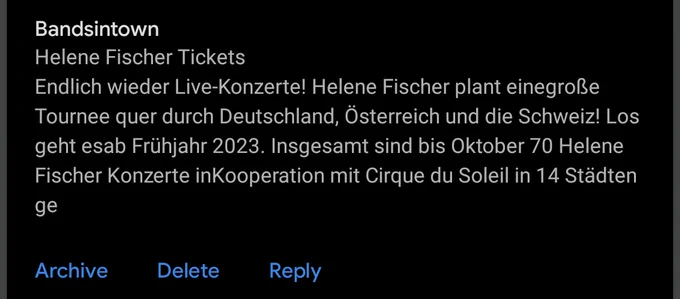Newsletter mit Werbung für "Helene Fischer"-Tickets.