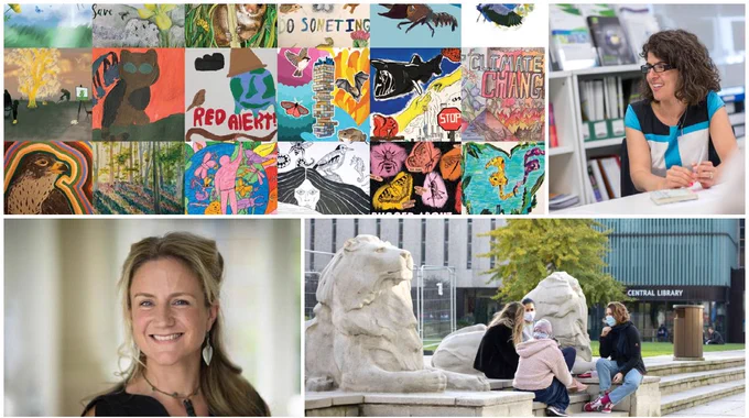 Selection of images from the newsletter, including designs for Grantham Climate Art Prize, students on College South Ken campus, Alyssa Gilbert, and  Professor Natalie Seddon