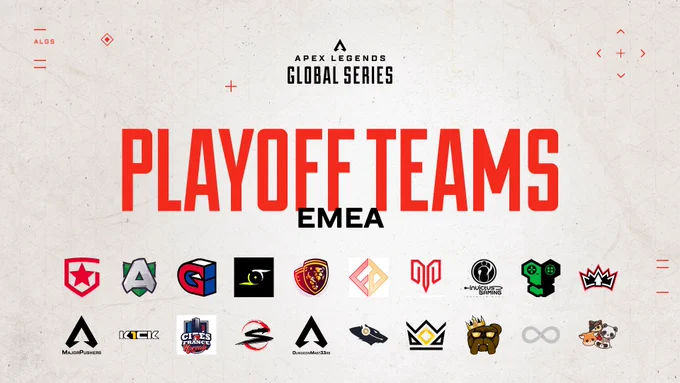 Playoff Teams for #ALGS Split 1 Playoffs, Gambit Esports, Alliance,Guild Esports, 69iQ eSports , GMT Esports, Future Perfect, Myztro Gaming, iG.International, Reply Totem, REBEL, MajorPushers, K1CK, LCDF, SCARZ Europe, DungeonMast33rs, NEW, Kungarna, Top Dogs, Ethernal, Rascals