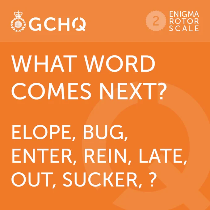 What word comes next? ELOPE, BUG, ENTER, REIN, LATE, OUT, SUCKER, ?