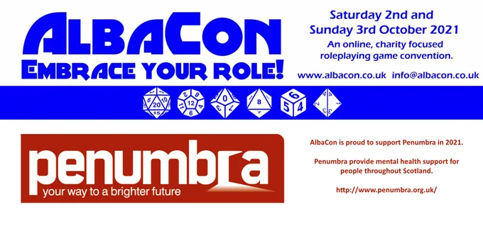 Top half of image is the logo for the AlbaCon 2021 event which was held on the 2nd & 3rd October 2021.
Bottom half of image is the logo of the Scottish mental health charity, Penumbra, who we raised £3,328.60 for.