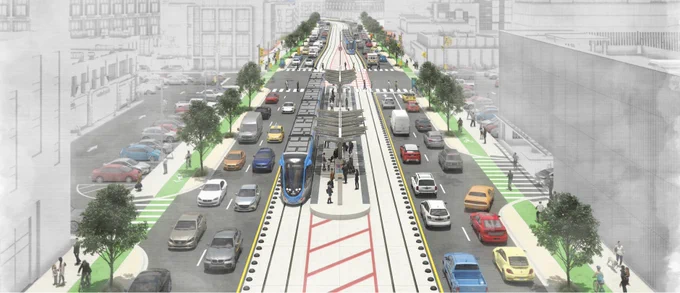 Artist rendering of a reimagined Austin right-of-way shows a light rail in the middle of two lanes of traffic going in either direction. 
