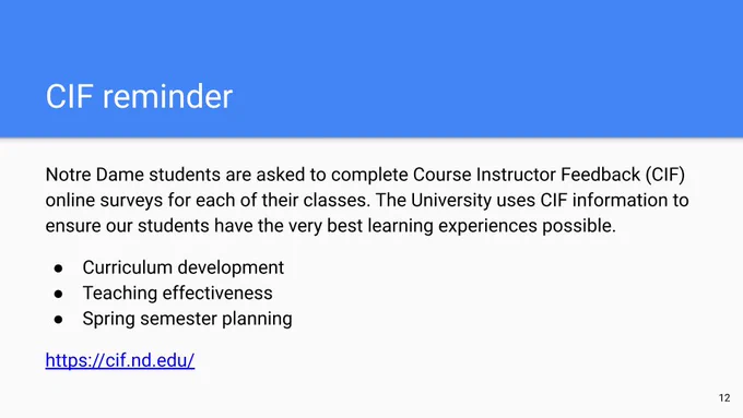Notre Dame students are asked to complete Course Instructor Feedback (CIF) online surveys for each of their classes. The University uses CIF information to ensure our students have the very best learning experiences possible.
Curriculum development
Teaching effectiveness
Spring semester planning
