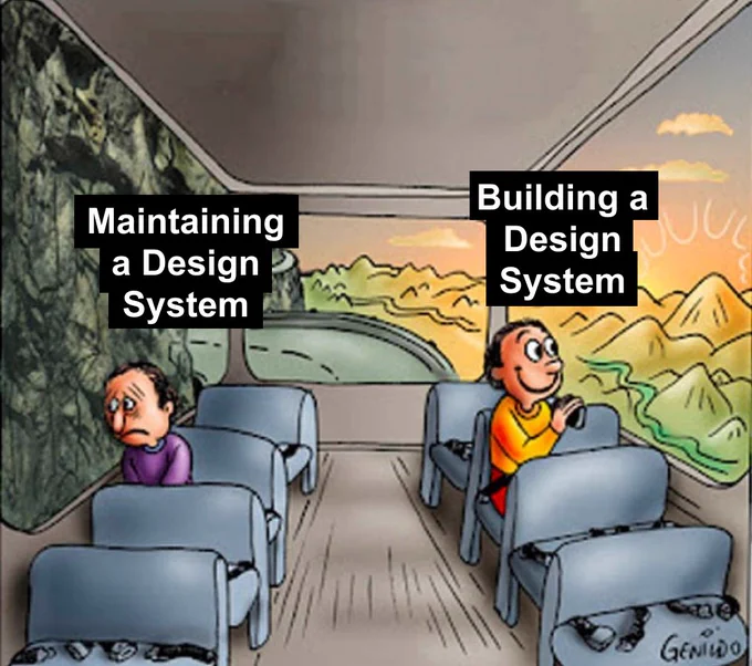 Two guys on a bus meme template: man on left looks out on a rock wall with a sad face. He is labelled 'Maintaining a Design System'. The man on the right looks happily out on a beautiful view and is labelled 'Building a Design System'.