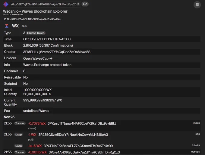 If you search for an asset at wscan.io you will end up on this detail overview. It not only provides you with all the basic waves token info but also with a feed of the latest transaction involving this token! Very usefull tool to stay aware on how active a token is. Works with any asset ID! 