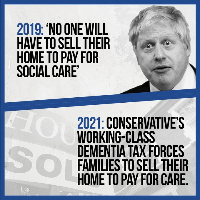 Split screen with Boris Johnson on one side and text: 2019: 'No one will have to sell their home to pay for social care and one side with a House Sold sign and text: Conservative's working-class dementia tax forces families to sell their home to pay for care