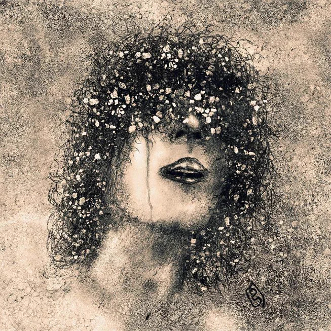 A self-portrait of the artist of the work created with a mixed technique between pencil drawing and digital processing.
