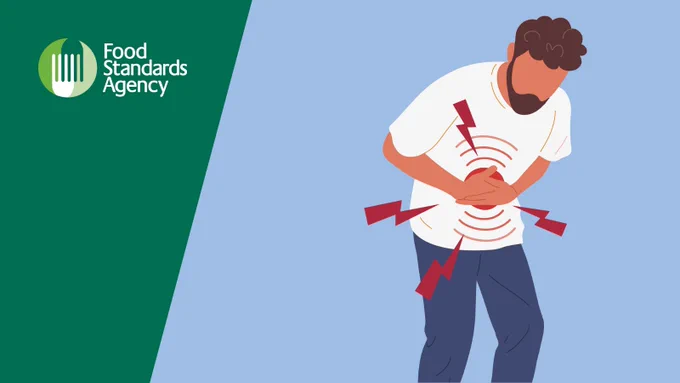 Illustration of a person holding their stomach with alarm symbols around the stomach