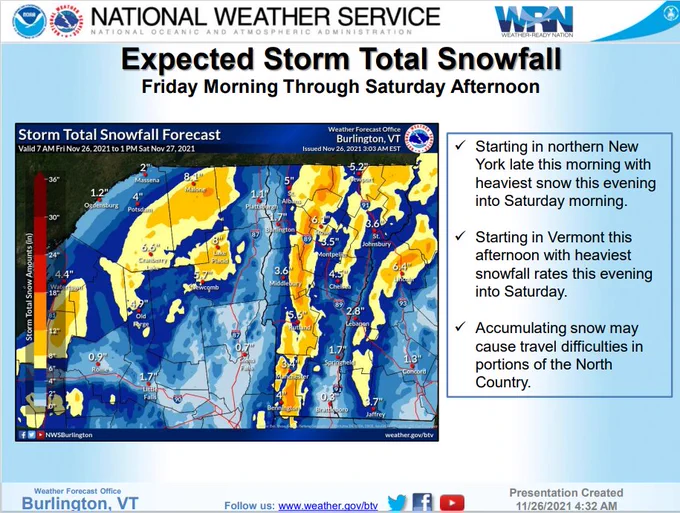 Depiction of storm totals snowfall amounts for Vermont and portions of New York.