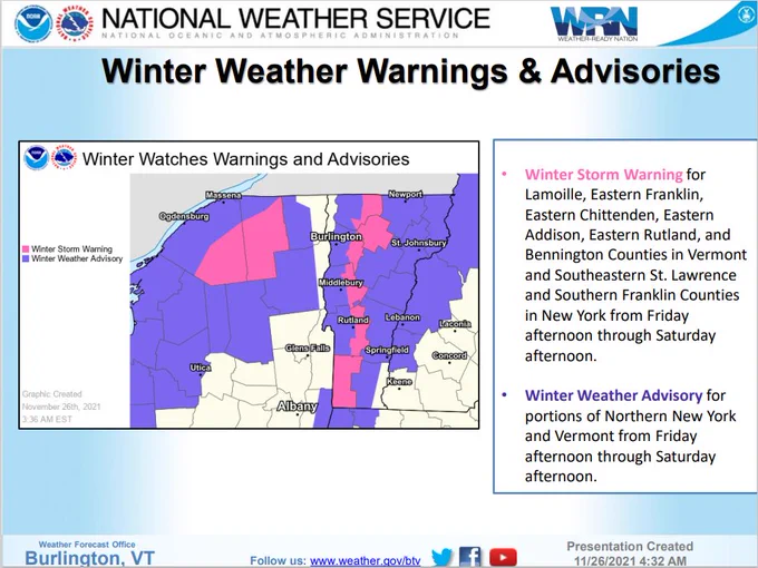 Depiction of where Winter Storm Warnings and Winter Weather Advisories are in effect.