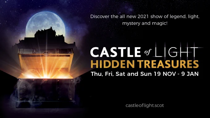 Promo image for the Castle of Light event, showing the shadow of the castle and a large treasure chest in front of it