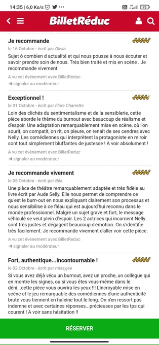 Critiques sur BilletReduc de la pièce de théâtre «Bien-naître au travail, l'histoire de Nelly». Pièce tirée du best seller «Quand le travail nous tue : histoire d'un burnout et de sa guérison» de l'auteure Aude Selly