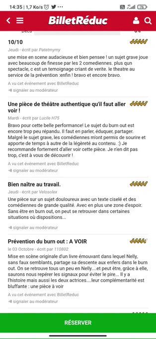 Critiques sur BilletReduc de la pièce de théâtre «Bien-naître au travail, l'histoire de Nelly». Pièce tirée du best seller «Quand le travail nous tue : histoire d'un burnout et de sa guérison» de l'auteure Aude Selly