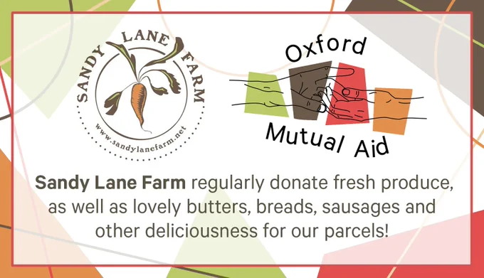 Text: "Sandy Lane Farm regularly donate fresh produce as well as lovely butters, breads, sausages and other Text: "Sandy Lane Farm regularly donate fresh produce as well as lovely butters, breads, sausages and other deliciousness for our parcels!" for our parcels!"