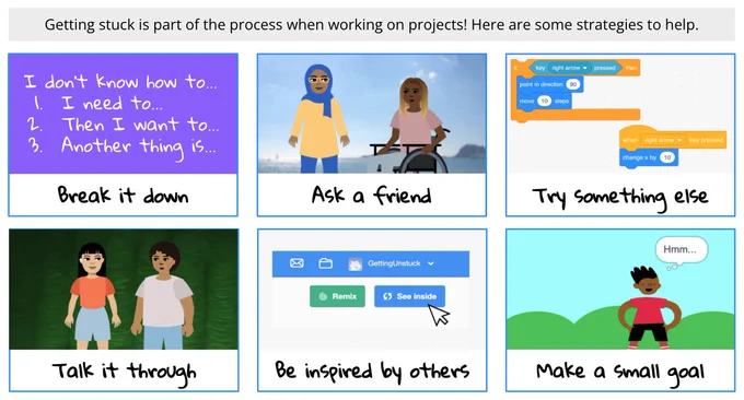 Getting unstuck is part of the process when working on projects! Here are some strategies to help. Break it down. Ask a friend. Try something else. Talk it through. Be inspired by others. Make a small goal.
