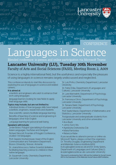 This week meet us at the hybrid Languages in Science conference at @LancasterUni /MS Teams. Joana Moscoso is representing us in a discussion about the use of languages in science and related careers. 🗓️ 30 Nov ⏰ 09:00 - 17:40 WET