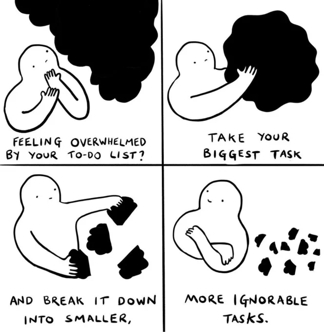 4 panel comic. A man looking at a big black cloud. "Feeling overwhelmed by your to-do list? Take your biggest taste and break it down" the caption says, while the man separates the cloud into many tiny clouds and then he looks away from the mess before the caption continues "into smaller, more ignorable tasks"