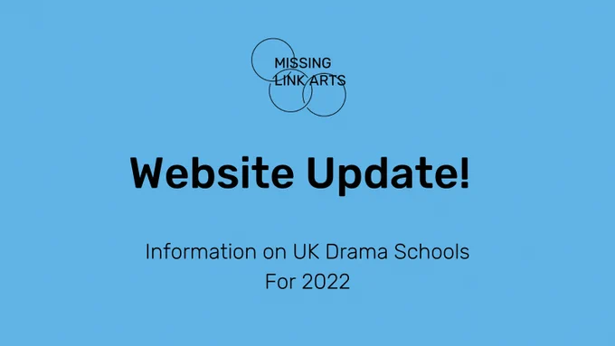 On a blue background.  Top centre is the Missing Link Arts logo.  Three black rings and in bold text 'Missing Link Arts'.  All text is in black.  In bold, central text reads Website Update!  Further text below reads Information on UK Drama Schools for 2022.