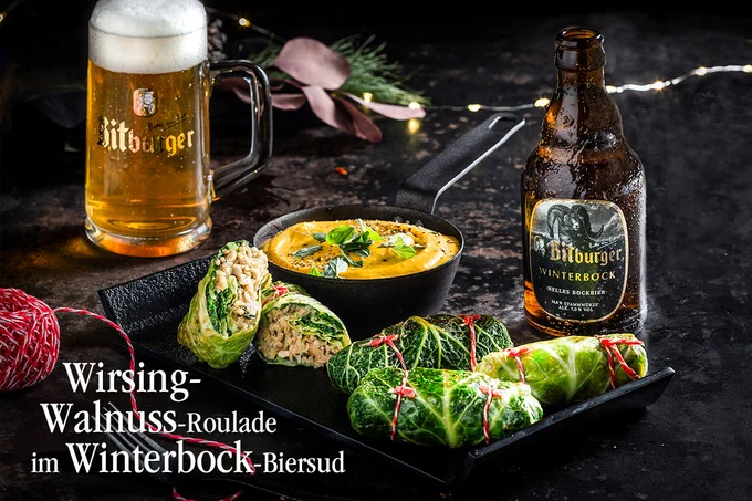 Wirsing-Walnuss-Roulade im Winterbock-Biersud