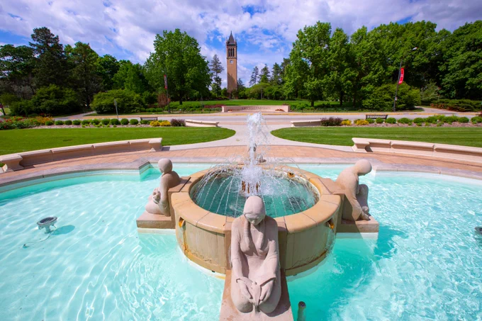 The Fountain of the Four Seasons with the campanile in the background.