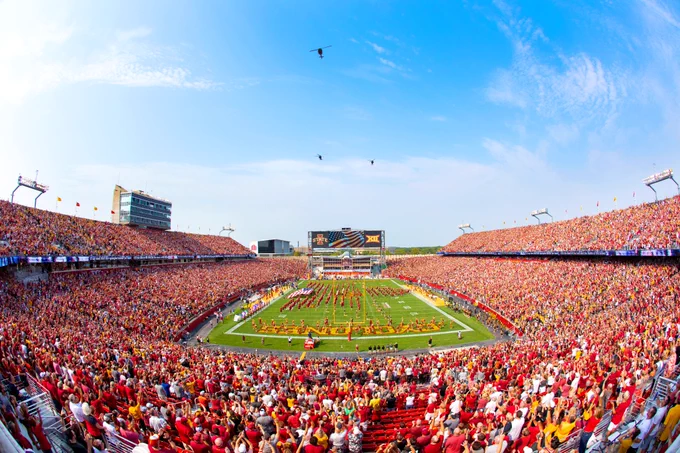 Helicopters fly over Jack Trice Stadium prior to kickoff.