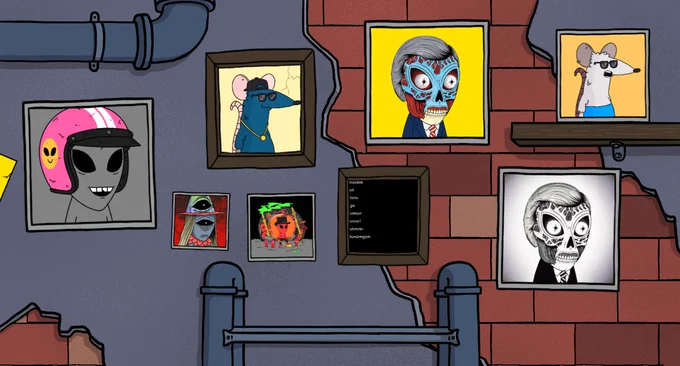 An illustrated gallery wall displaying eight NFTs in picture frames