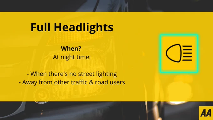 Image saying Full Headlights, with the symbol for them and the text: "When? 
At night time:

- When there's no street lighting
- Away from other traffic & road users"