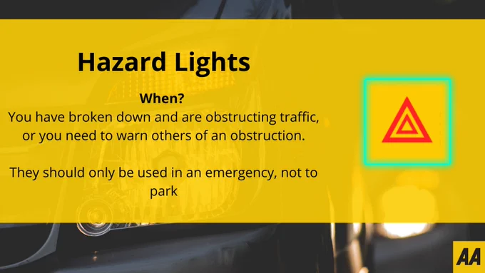 Image saying Hazard Lights, with the symbol for them and the text: "When? 
You have broken down and are obstructing traffic, or you need to warn others of an obstruction.

They should only be used in an emergency, not to park"