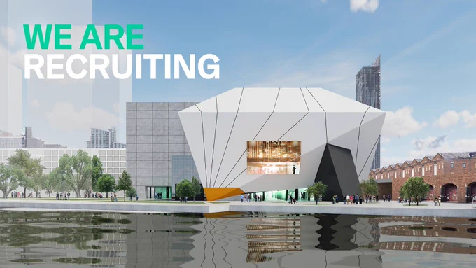 A mock-up image of The Factory over River Irwell. Text over image reads: WE ARE RECRUITING