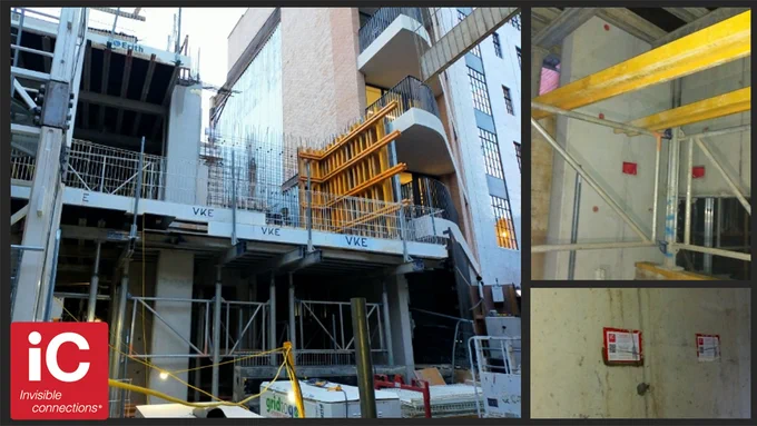 Invisible Connections REDiBOX permanent recess formers in core walls await TSS stair landing connectors cast into concrete landings at Berners Wells Building, London W1