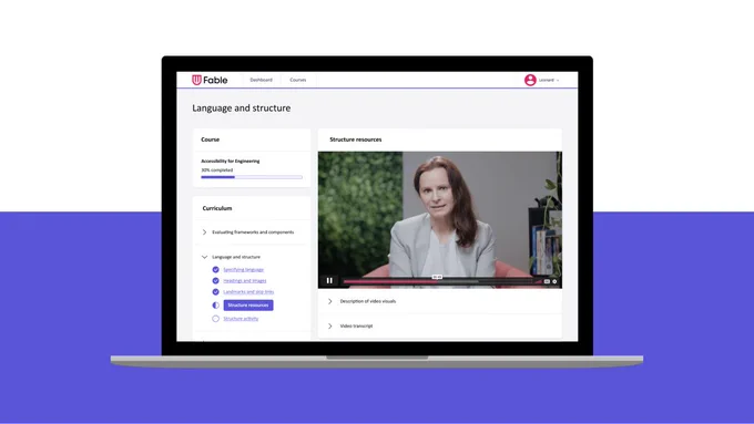 A screenshot of Fable Upskill showing Kate Kalcevich a white woman with brown hair within a video player as well as a course on language and structure along with various modules along the side. 