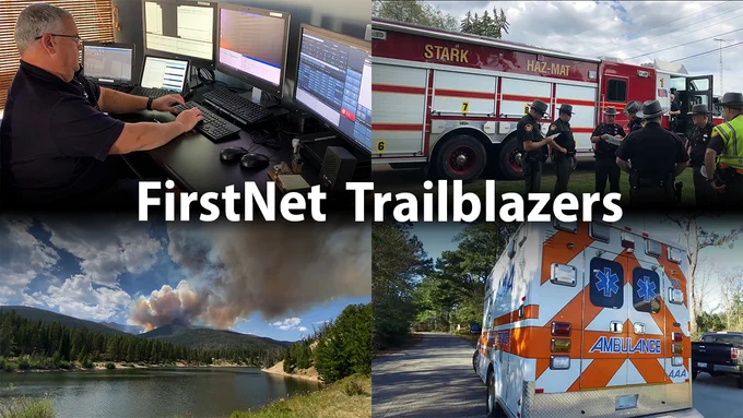 "FirstNet Trailblazers"; Arlington County, Virginia, telecommunicator takes a call; Stark County, Ohio, firefighters meet by a Stark Hazmat firetruck; Cameron Peak fire burns in the Rocky Mountains of Colorado; AAA Ambulance sits on a tree lined road