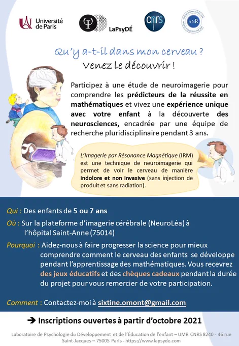 Enfants de 5 ans ou 7 ans au moment de l’IRM, droitier, sans problème de vue, ne présentant pas de troubles psychiatriques, neurologiques ou des apprentissages et n’ayant aucun matériel métallique dans le corps.

