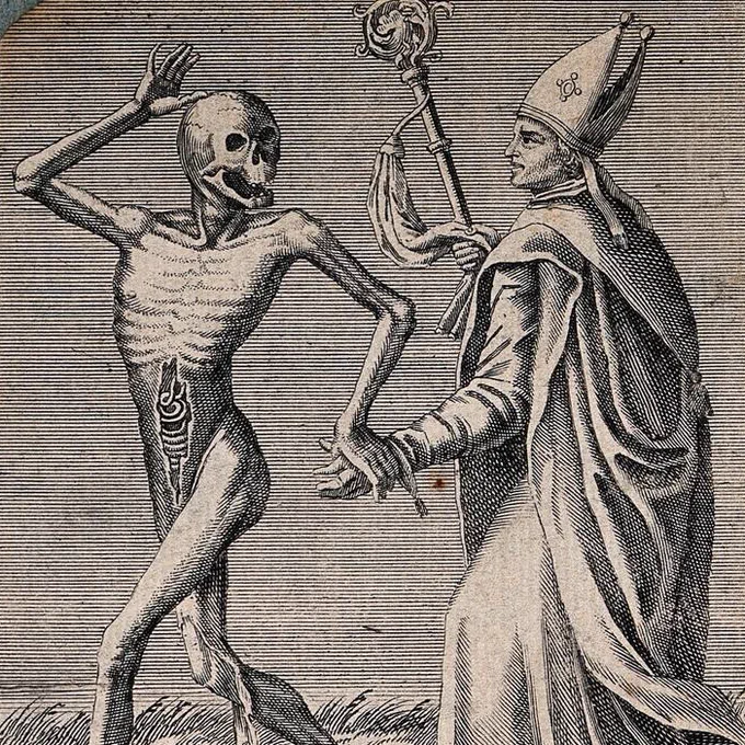 Dance of death: death and the bishop. Etching attributed to J.-A. Chovin, 1720-1776, after the Basel dance of death.