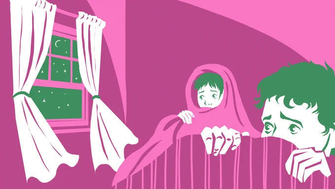 An illustration of two young people hiding behind or beneath blankets, looking with fear at an open window. The curtains are billowing and the stars and a crescent moon are visible out the window.