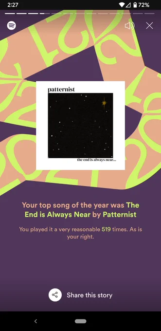 "your top song of the year was The End is Always Near by Patternist
You played it a very reasonable 519 times. As is your right."
