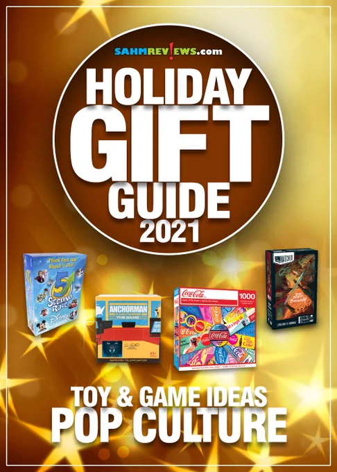 Top half of image includes title "SahmReviews.com Holiday Gift Guide 2021".
Center of image depicts four products: 5 Second Rule Disney Edition by PlayMonster, Anchorman: The Game from Barry & Jason Games & Entertainment, Coca-Cola - Signs of the Times 1000 Piece Puzzle by MasterPieces and Unmatched: Little Red Riding Hood vs Beowulf from Restoration Games
Bottom of image is the title "Toy & Game Ideas Pop Culture"
Background: Gold gradation with cascade of glimmering gold stars