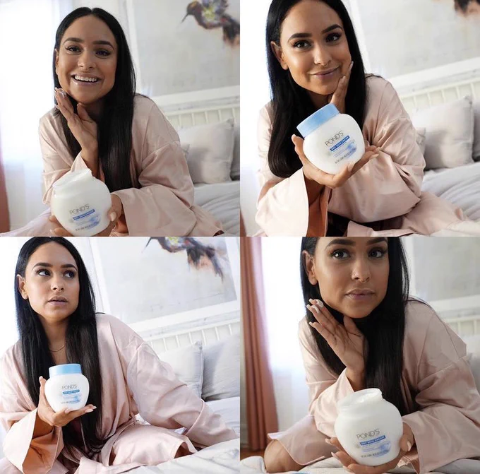 Four photos in a layout of woman holding ponds dry skin cream