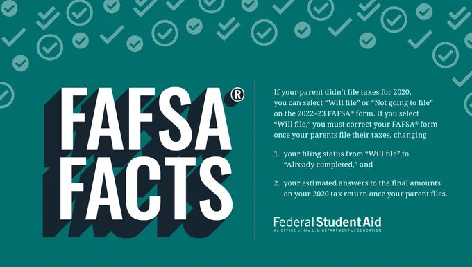 If your parent didn’t file taxes for 2020, you can select will file or not going to file on the FAFSA form. If you select will file, you must correct your FAFSA form and change your filing status to already completed and add the final amounts on your 2020 tax return once your parent files.