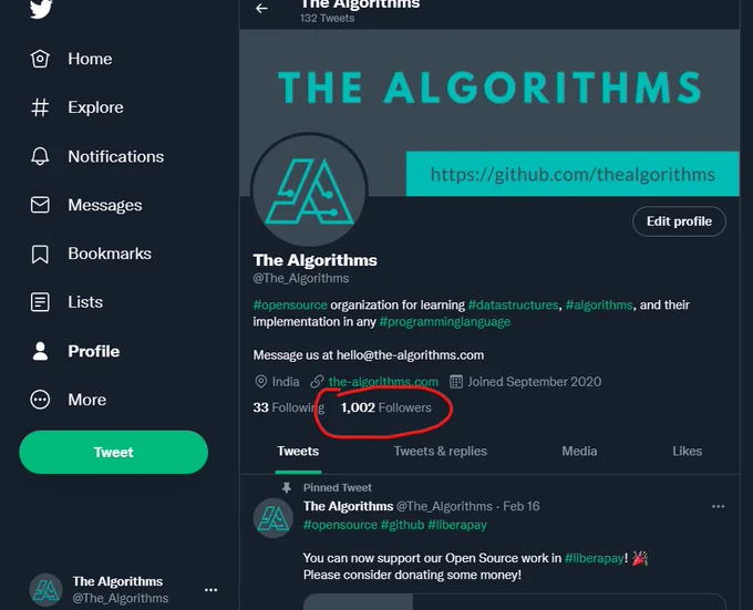 Over 1,000 followers on The Algorithms' Twitter profile.
