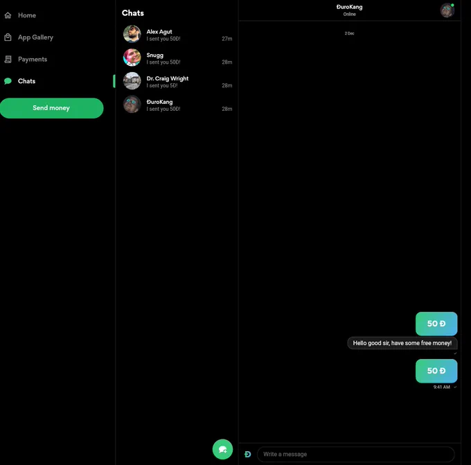 Chat with friends, send and receive Duros within Chat