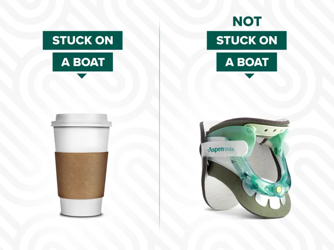 Text above to-go coffee cup on left side: Stuck On A Boat
Text above Aspen Vista Cervical Collar on right side of image: Not Stuck on a Boat