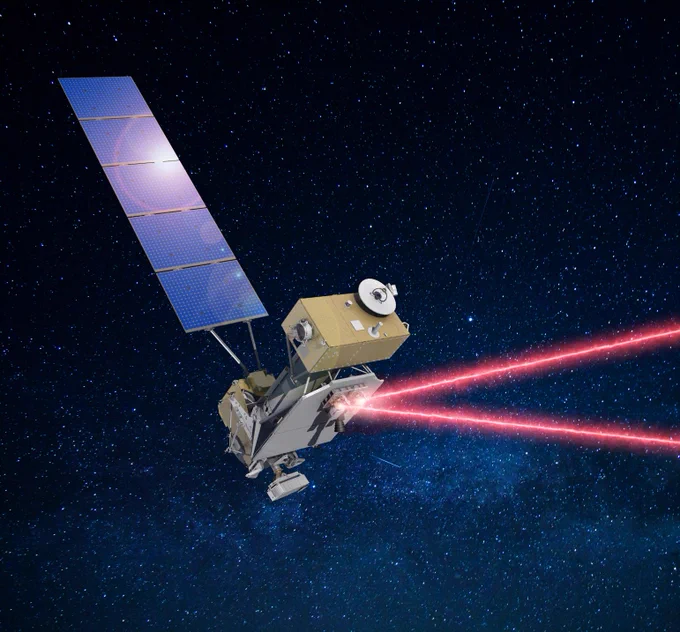 Illustration of the Laser Communications Relay Demonstration spacecraft relaying a laser communications signal